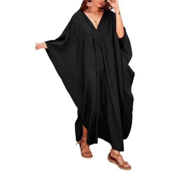 Women Solid Color Cover Up V Neck Batwing Sleeve Plus Size Beach - Picture 1 of 7
